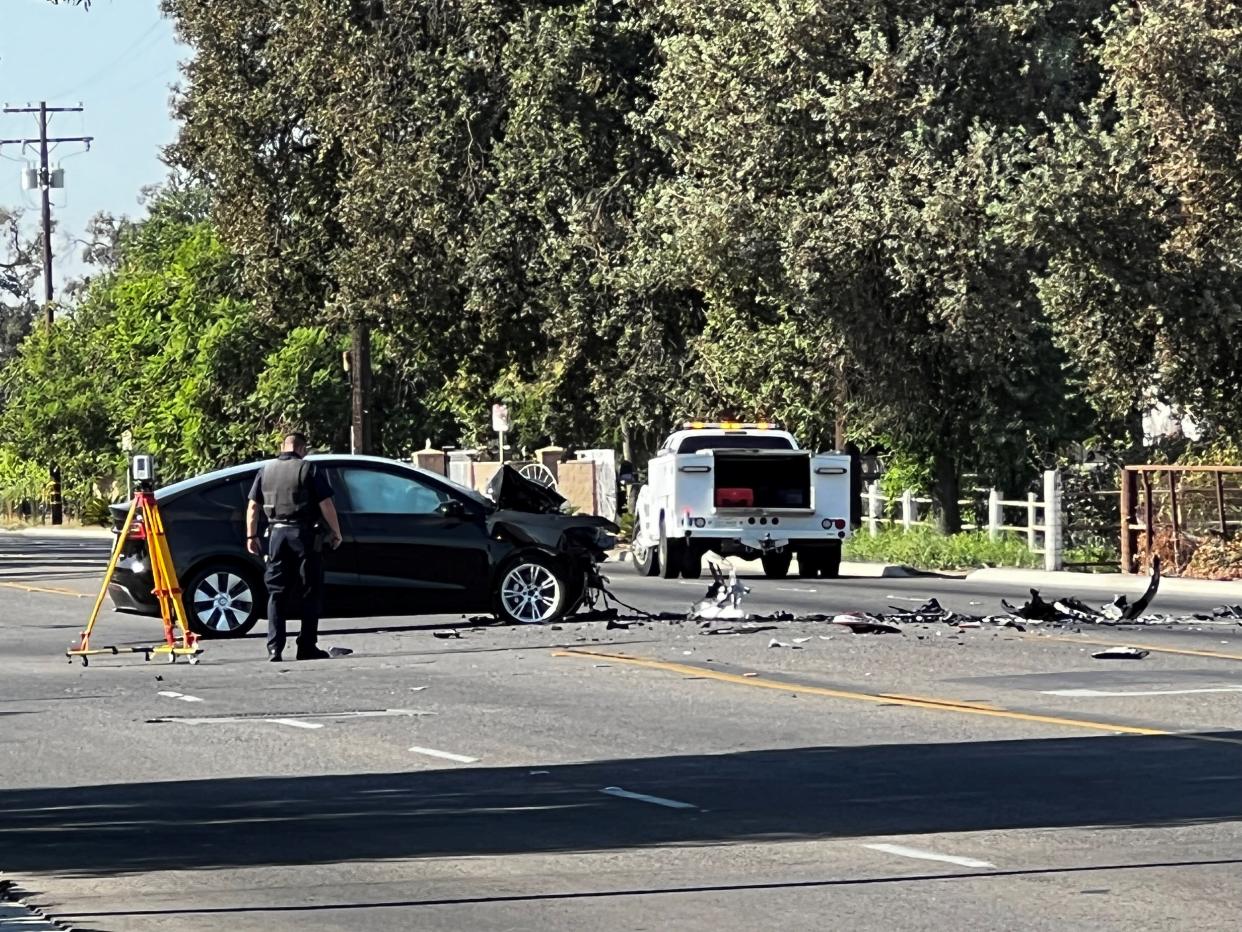 A motorcyclist and a Tesla collided Friday morning on Demaree Street and Modoc Avenue in northwest Visalia.
