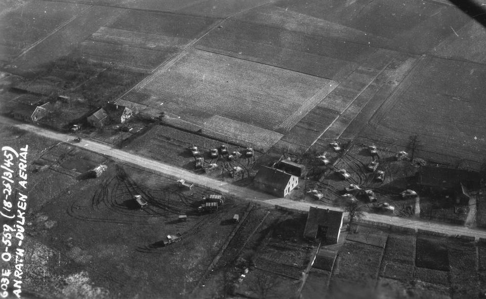 This photo provided by the Ghost Army Legacy Project shows a photo of Operation Viersen Aerial in March 1945. For decades, their mission during World War II was a secret. With inflatable tanks, trucks and planes, combined with sound effects, radio trickery, costume uniforms and acting, the American military units that became known as the Ghost Army helped outwit the enemy. Now, they are being awarded the Congressional Gold Medal on Thursday, March 21, 2024. (National Archives/Ghost Army Legacy Project via AP)