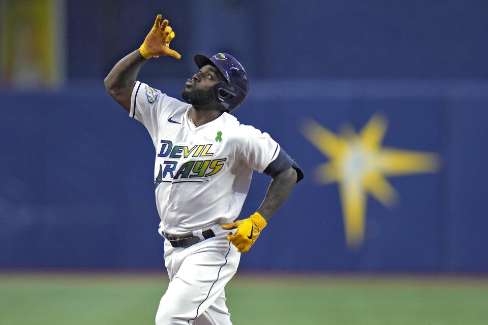 Tampa Bay Rays' Randy Arozarena celebrates after hitting a solo home run off New York Yankees starting pitcher Jhony Brito during the first inning of a baseball game Friday, May 5, 2023, in St. Petersburg, Fla. (AP Photo/Chris O'Meara)