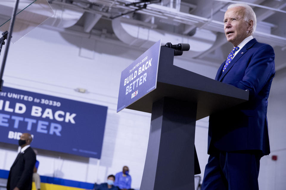 FILE - In this Tuesday, July 28, 2020, file photo, Democratic presidential candidate and former Vice President Joe Biden speaks at a campaign event at the William "Hicks" Anderson Community Center in Wilmington, Del. The conventions finally over, the 2020 election season now enters its final phase. (AP Photo/Andrew Harnik, File)