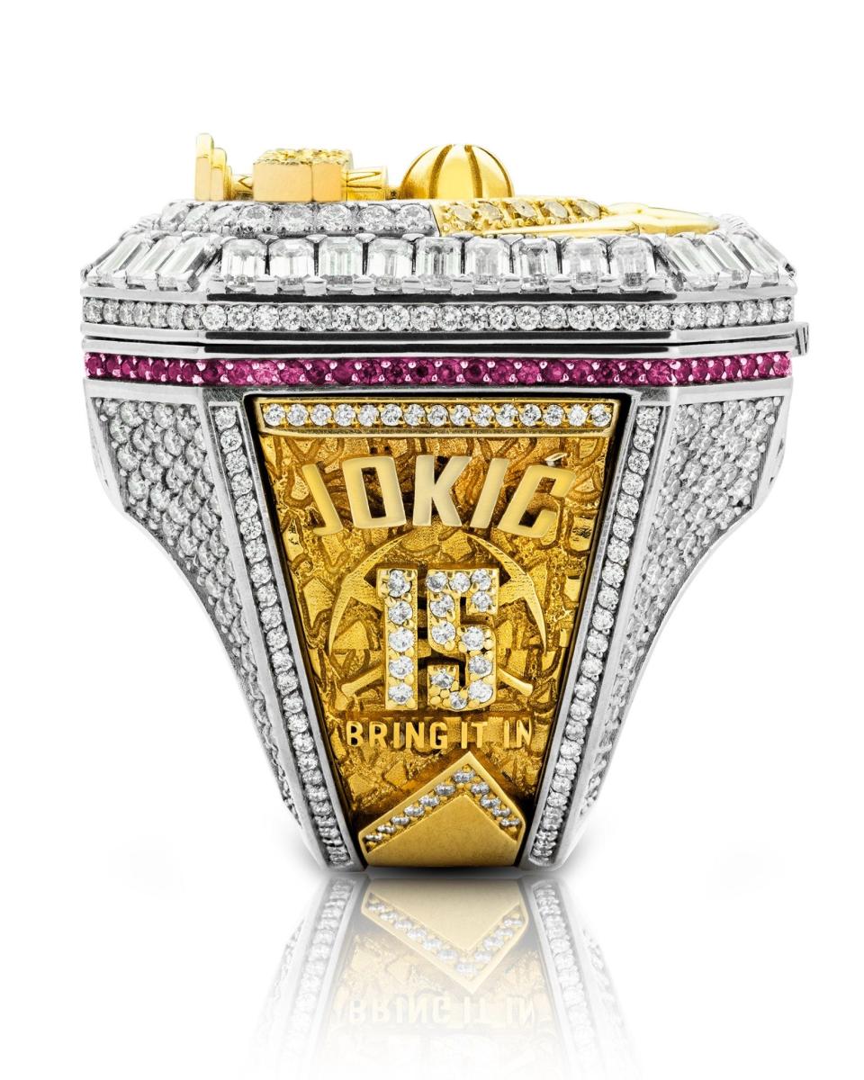 A side view of the Denver Nuggets' 2023 NBA championship rings, created in collaboration with Jason of Beverly Hills.