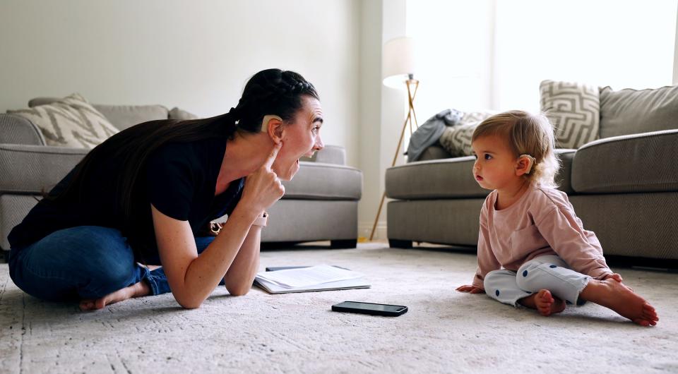 Emilee Segura works with Lucy Bentley in Orem on Wednesday, Sept. 13, 2023. Emilee was born deaf and received her first cochlear implant at just 18-months-old thanks to newborn screening and follow-up care. Her parents were able to intervene early, which prevented significant delays in Emilee’s speech, language and emotional development. | Scott G Winterton, Deseret News