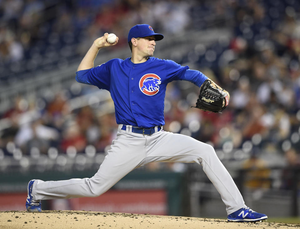 Chicago Cubs starting pitcher Kyle Hendricks throws during the second inning of a baseball game against the Washington Nationals, Thursday, Sept. 6, 2018, in Washington. (AP Photo/Nick Wass)