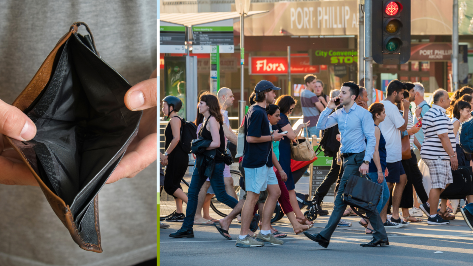 Composite image of a man holding an empty wallet with no wages, and people crossing a busy street.