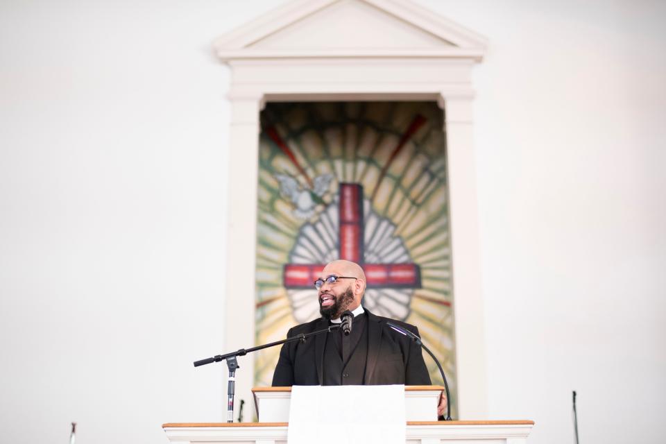 The Rev. Sam Brown, pastor of Logan Temple AME Zion Church, speaks during a 2022 New Year's Day service and observance of the 159th anniversary of the signing of the Emancipation Proclamation at Greater Warner AME Zion Church.