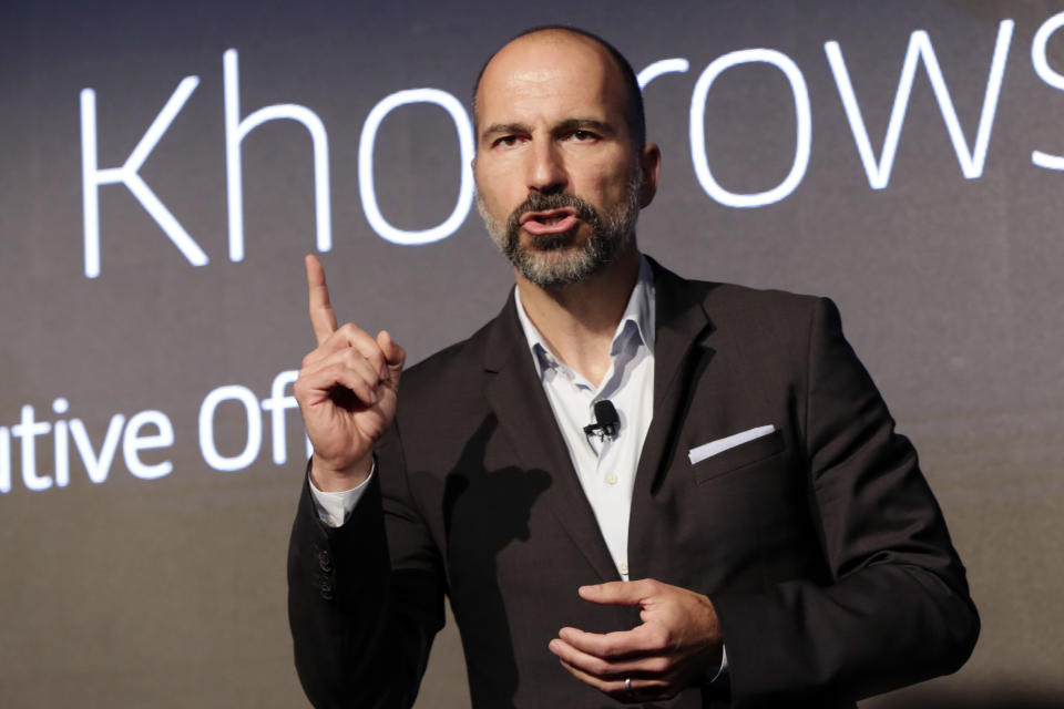 Uber CEO Dara Khosrowshahi speaks during the company's unveiling of the new features in New York, Wednesday, Sept. 5, 2018. Uber is aiming to boost driver and passenger safety in an effort to rebuild trust in the brand. (AP Photo/Richard Drew)