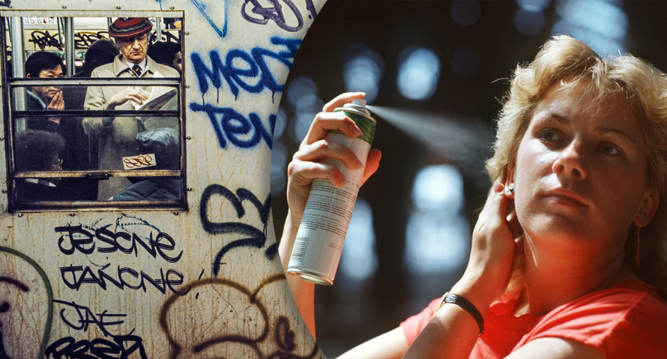 Two 1980s pictures. Left - people on a graffitied train. Right - a woman using hair spray.