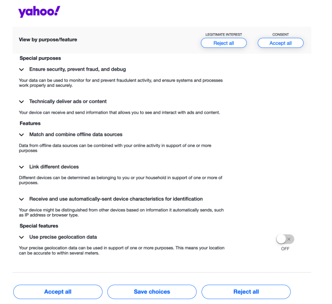 Yahoo cookie banner