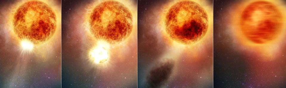 Four panels side by side show an artist's impression of a massive coronal mass ejection, 400 billion times bigger than usual, that led to the formation of a dust cloud that dimmed Betelgeuse. The panels show matter slowly erupting from Betelgeuse, then dissipating into a cloud of dust which obscured the view from Earth.