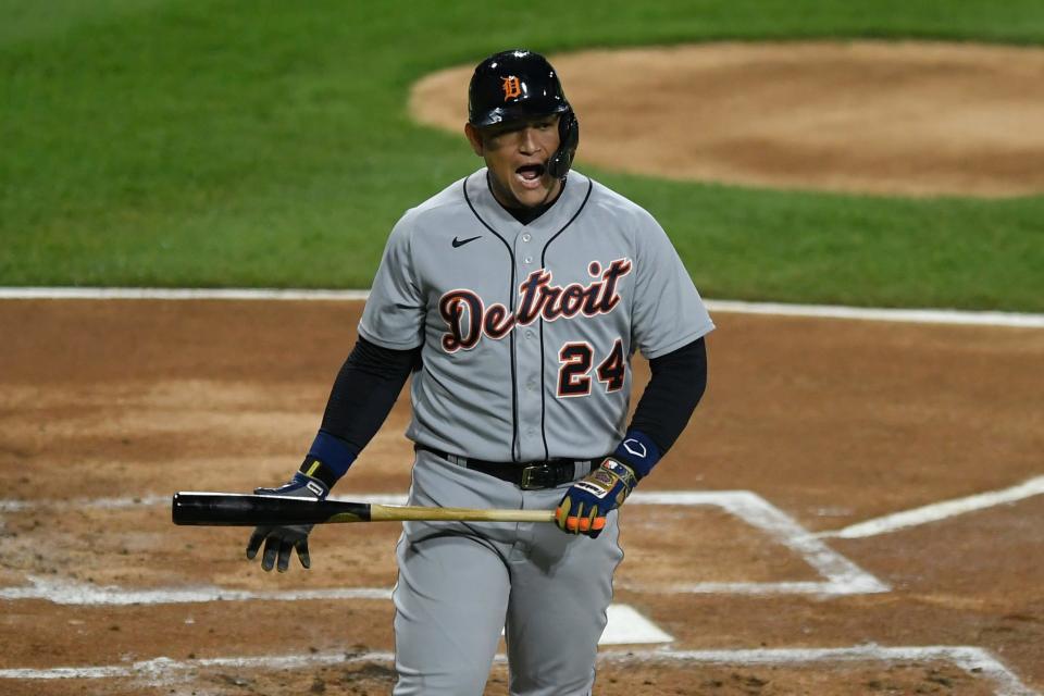 Detroit Tigers' Miguel Cabrera reacts after striking out during the first inning of Game 2 at Guaranteed Rate Field in Chicago on Thursday, April 29, 2021.