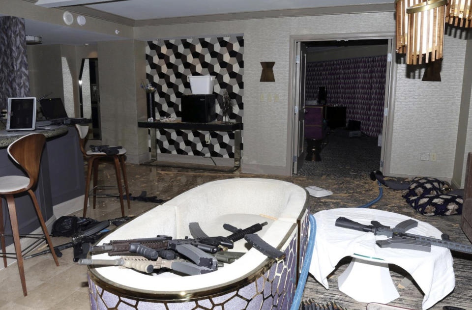 FILE - This October 2017 file evidence photo released by the Las Vegas Metropolitan Police Department Force Investigation Team Report shows the interior of Stephen Paddock's 32nd floor room of the Mandalay Bay hotel in Las Vegas after a mass shooting. President Donald Trump is "disappointed" the FBI couldn't figure out what specifically motivated Paddock to carry out the deadliest shooting in modern U.S. history. Trump's comments to The Daily Caller on Wednesday, Jan. 30, 2019, came a day after the FBI released its final report on the 2017 Las Vegas shooting that left 58 people dead. (Las Vegas Metropolitan Police Department via AP, File)