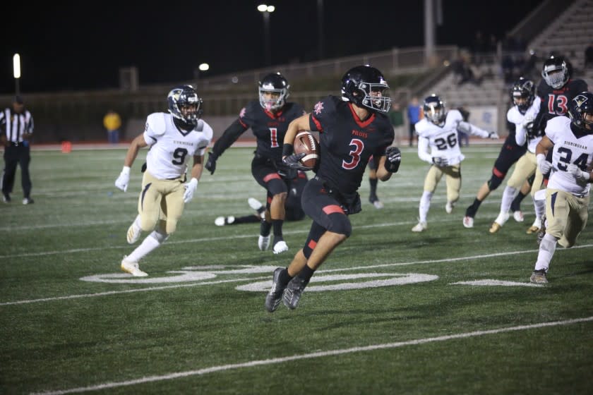 Torrance, CA., November, 29 2019: Banning Wide Receiver Richard Cox (3) rushes against Birmingham.