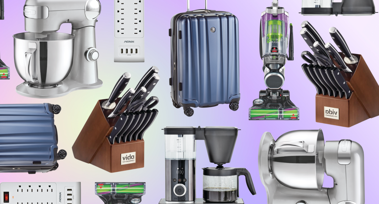 canadian tire collage of luggage, vacuum, knife set, coffee maker, mixer