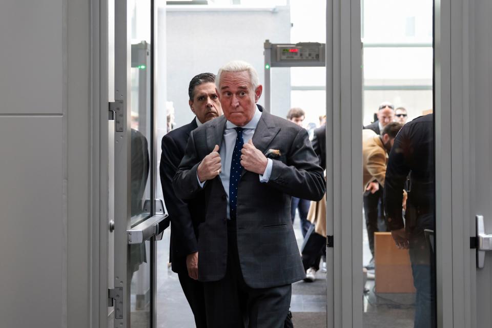 Roger Stone, an ally of former U.S. President Donald Trump, arrives at the Thomas P. O'Neill Jr. Federal Building for a deposition before the House committee investigating the Jan. 6 attack on the U.S. Capitol.