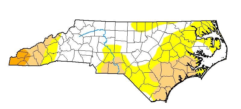 As of Tuesday much of North Carolina was classified as abnormally dry or in drought, with the southern coastal plain and far western parts of the state the driest.