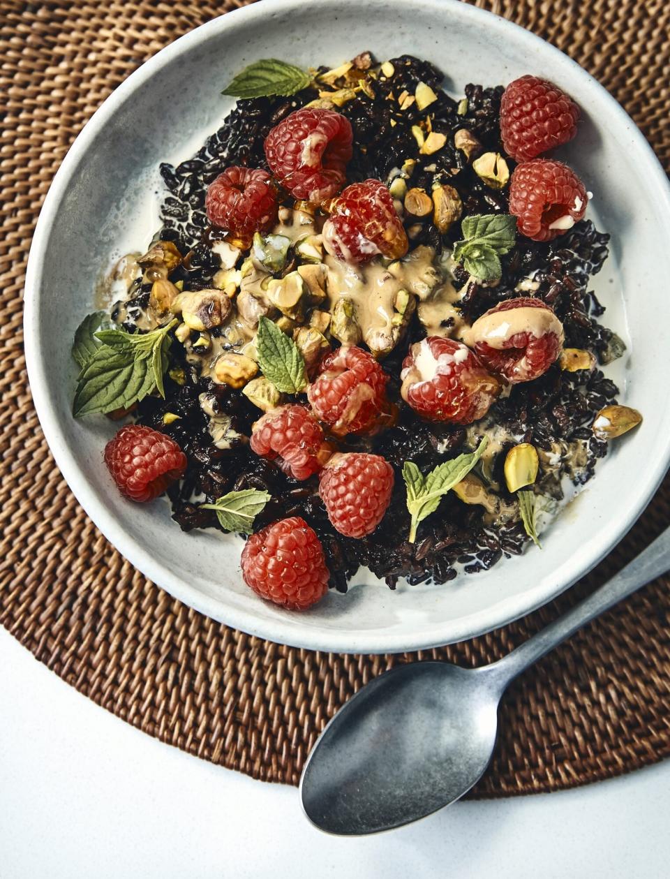 Black Rice Bowl With Tahini, PIstachios, and Raspberries