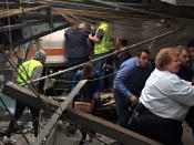 <p>Passengers rush to safety after a NJ Transit train crashed in to the platform at the Hoboken Terminal September 29, 2016 in Hoboken, New Jersey. (Pancho Bernasconi/Getty Images) </p>