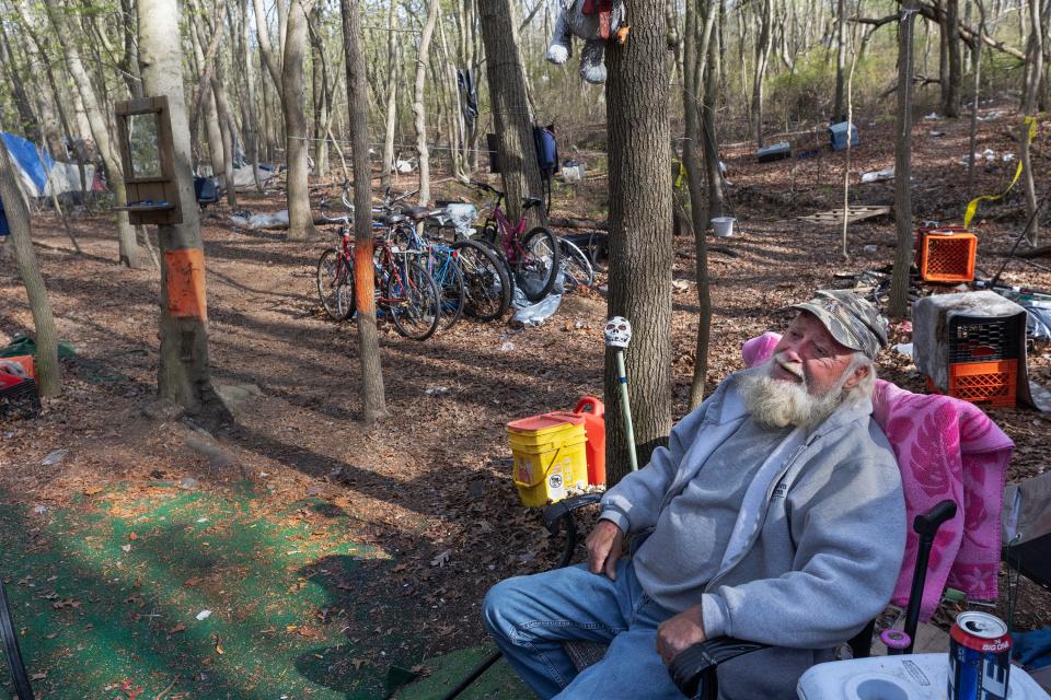 Ron Smith, who is has lived in the Neptune homeless camp for years, is happy there as long as he has food and heat and doesn’t plan on moving unless he’s kicked out. 4/19/23