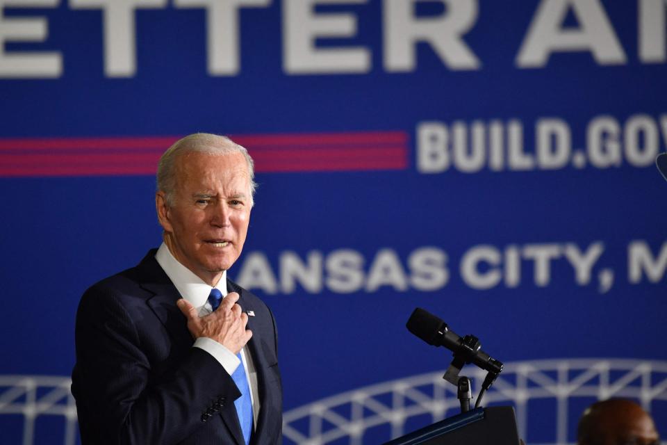 President Joe Biden talks about the infrastructure law at the Kansas City Area Transportation Authority in Missouri on Dec. 8, 2021.