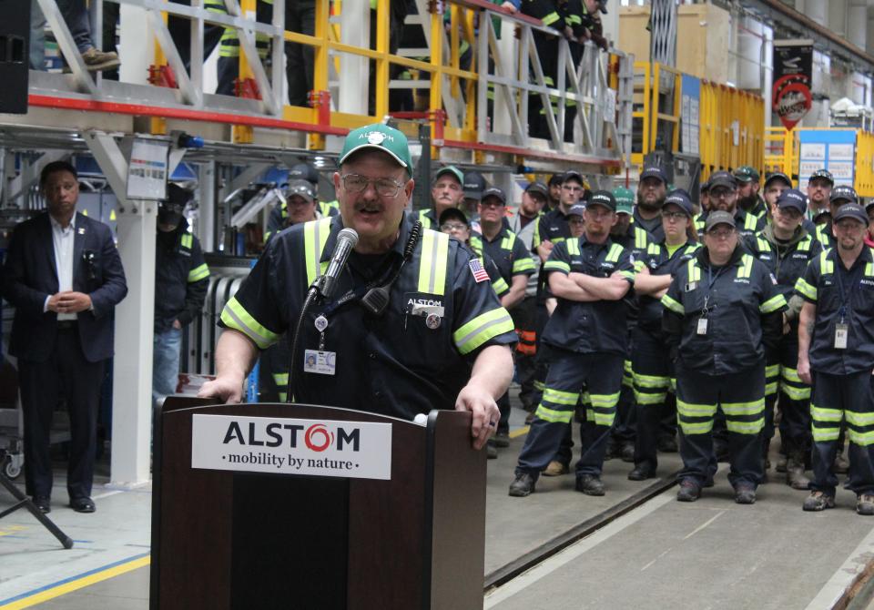 Hornell Alstom union leader George Kels speaks Tuesday during a visit by Senate Majority Leader Chuck Schumer and Transportation Under Secretary Carlos Monje Jr.