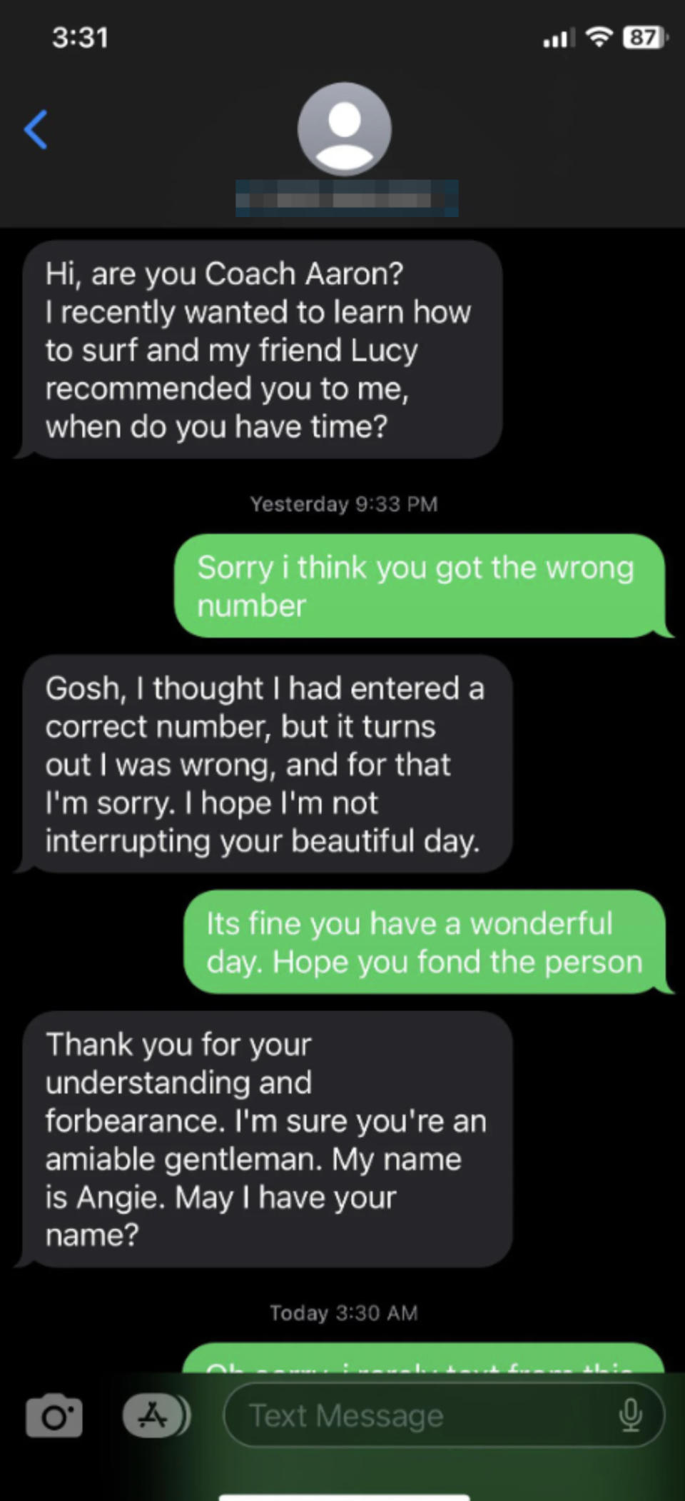 Text messages on a phone screen showing a polite conversation about a wrong number with someone named Aaron