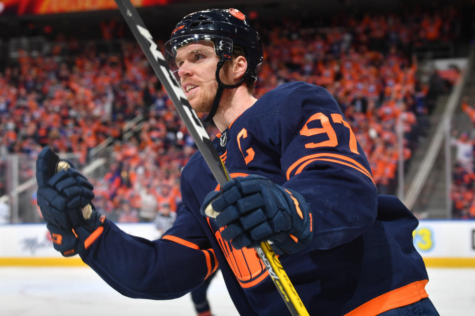 EDMONTON, AB - MAY 10: Connor McDavid #97 of the Edmonton Oilers celebrates after a goal during Game Five of the First Round of the 2022 Stanley Cup Playoffs against the Los Angeles Kings on May 10, 2022 at Rogers Place in Edmonton, Alberta, Canada. (Photo by Andy Devlin/NHLI via Getty Images)