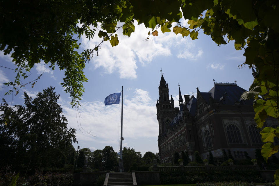 The U.N. flag flies outside the World Court in The Hague, Netherlands, Thursday, July 13, 2023, where the United Nations' highest court deliveres its judgment in a long-running maritime border dispute between Nicaragua and Colombia. (AP Photo/Peter Dejong)