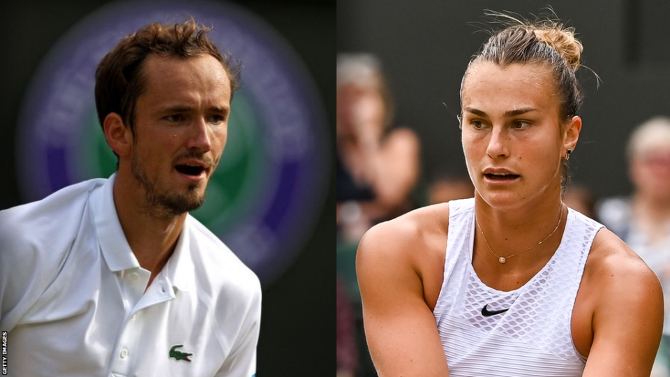 Russia's Daniil Medvedev and Belarus' Aryna Sabalenka play at Wimbledon