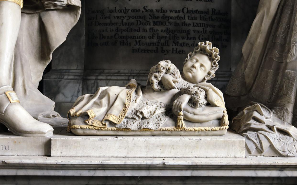 What will survive of us: The monument in Bletchingley, Surrey is one of the finest of the early 18th century in the country. It depicts Sir Robert Clayton and his wife and their baby son Robert, who was born on 16 August 1665, but survived only a few hours. - CB Newham 