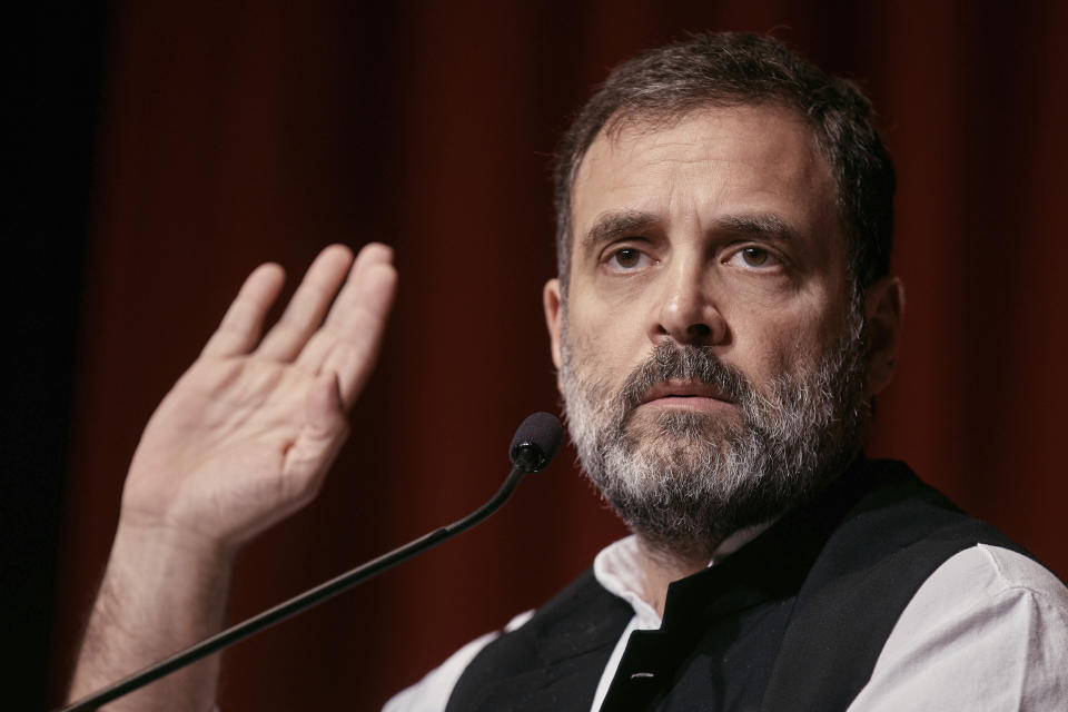 Indian politician Rahul Gandhi speaks at the Javits Center, Sunday, June 4, 2023, in New York. (AP Photo/Andres Kudacki)