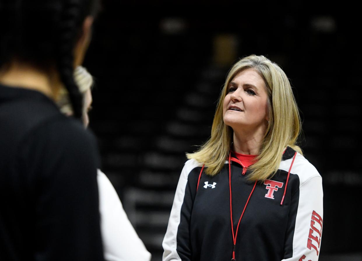 Texas Tech's head women's basketball coach Krista Gerlich speaks to her team before practice, Wednesday, March 9, 2022, at the Municipal Auditorium in Kansas City. Tech's game is 5:30 p.m. on Thursday against Oklahoma State.