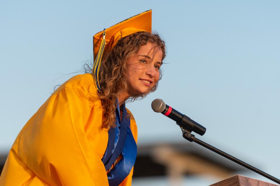 Salutatorian Madison DiGiorgio speaks during Serrano High School's Graduation Ceremony in Phelan CA on Thursday June 8, 2023. (James Quigg, for the Daily Press)