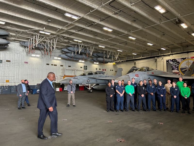 U.S. Secretary of Defense Austin visits aircraft carrier USS Gerald R. Ford