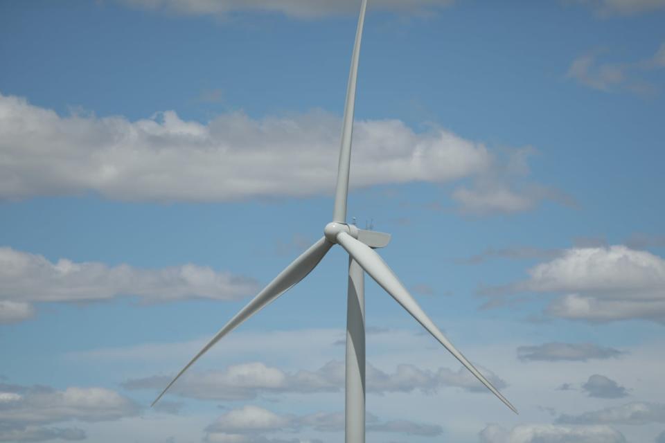 The wind turbines near Assiniboine, Sask. stand 110 metres tall with each blade spanning 47 metres.