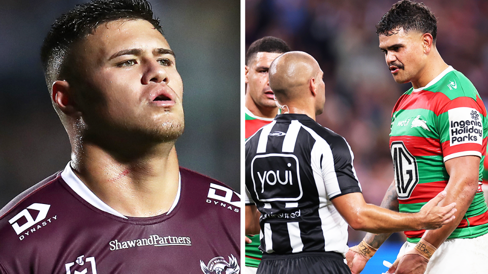 Josh Schuster reacts and Latrell Mitchell talks to the referee.