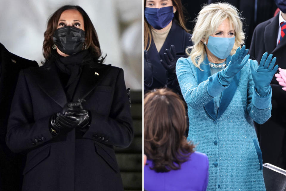 Vice-President Kamala Harris attends a televised ceremony at the Lincoln Memorial on Jan. 20; Dr. Jill Biden during the Inauguration Day ceremony on Jan. 20