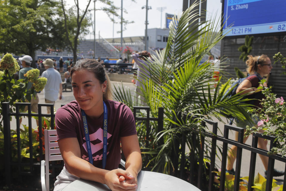 Danka Kovinic, of Montenegro, answers questions during an interview, Friday, Aug. 26, 2022, in New York. Kovinic will play Serena Williams in the first round of the US Open tennis championships on Monday. (AP Photo/Julie Jacobson)