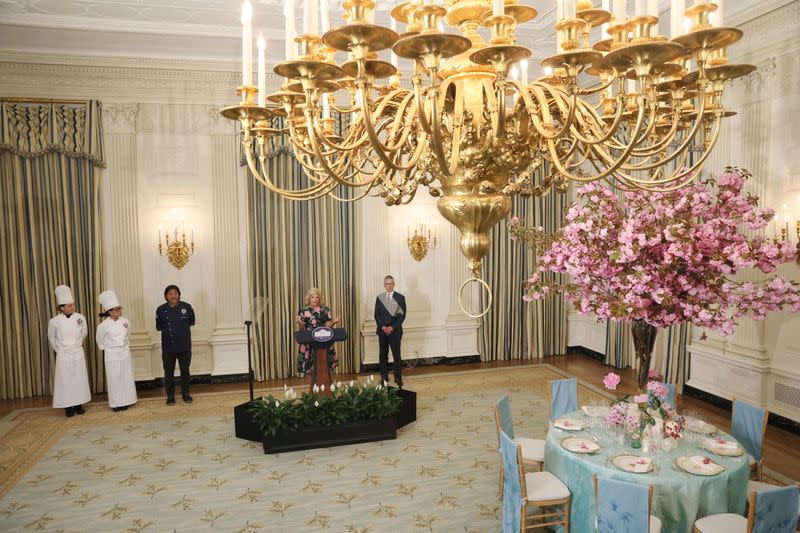 U.S. first lady Jill Biden hosts a media preview ahead of state dinner for South Korean President Yoon Suk Yeol in Washington