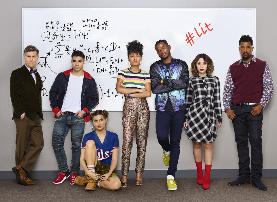 Chris Parnell as Dean Parker, Jordan Buhat as Vivek, Emily Arlook as Nomi Segal, Shahidi, Trevor Jackson as Aaron, Fancia Raisa as Ana Torres, and Deon Cole as Charlie Telphy (Photo: Freeform/Andrew Eccles)