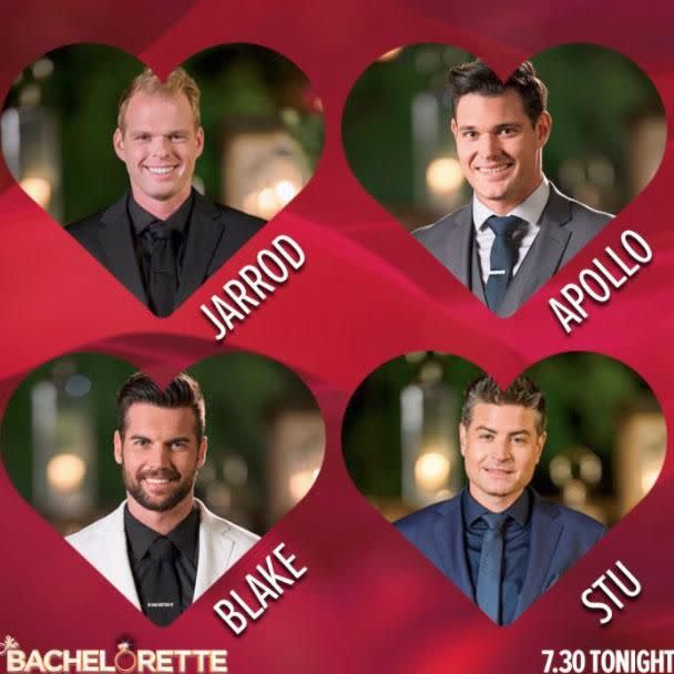 The final four boys left on the show are Jarrod, Apollo, Blake and Stu. Source: Channel Ten