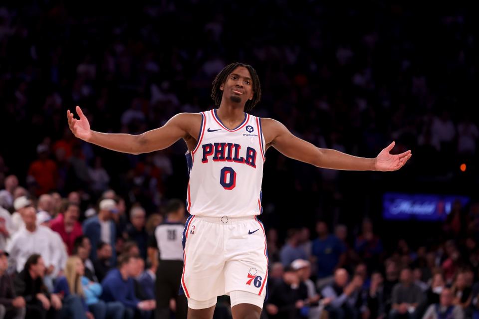 Tyrese Maxey reacts during the 76ers' overtime win over the Knicks in Game 5 of their first-round Eastern Conference playoff series.