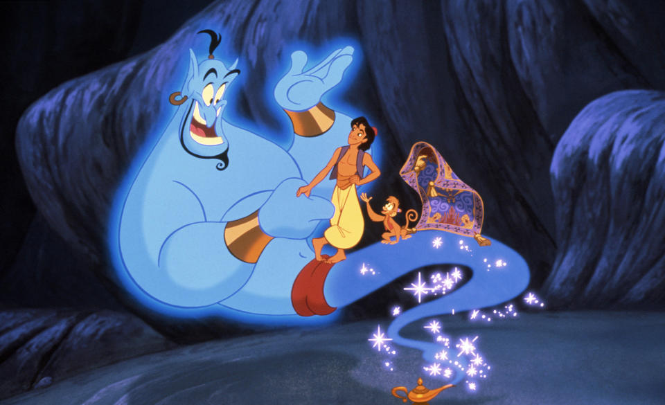 Genie, Aladdin and Abu in the animated version of the film