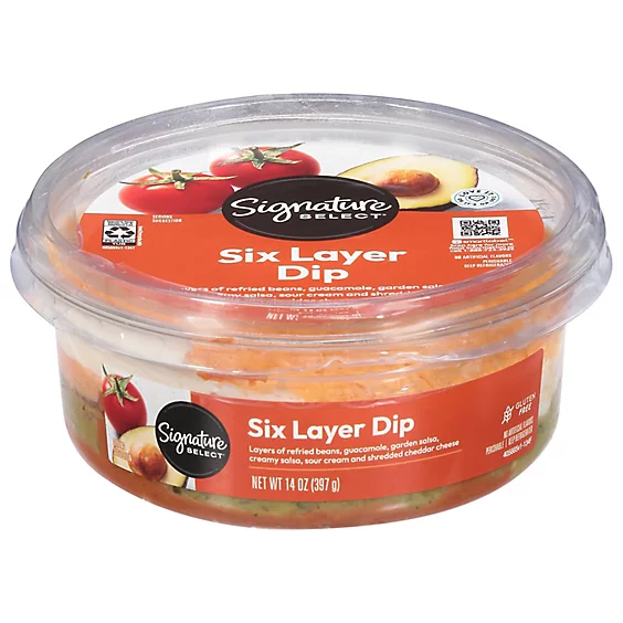 A container of Signature Select Six Layer Dip, including layers such as refried beans, guacamole, and cheddar cheese