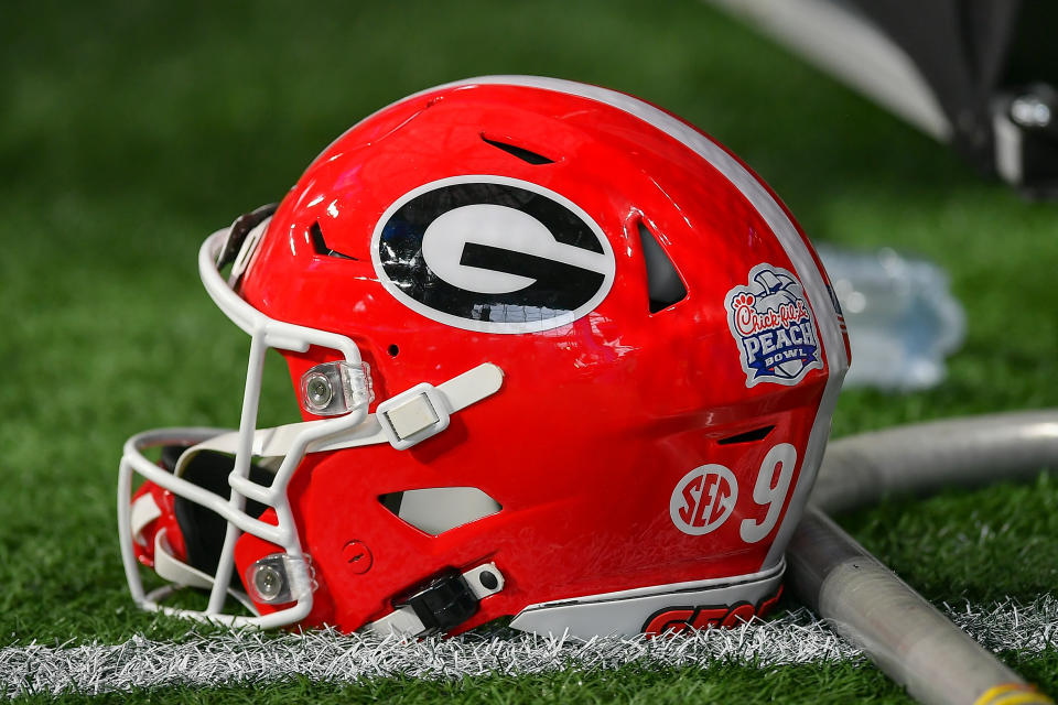 ATLANTA, GA  JANUARY 01:  Georgia football helmet during the Chick-fil-A Peach Bowl between the Cincinnati Bearcats and the Georgia Bulldogs on January 1st, 2021 at Mercedes-Benz Stadium in Atlanta, GA.  (Photo by Rich von Biberstein/Icon Sportswire via Getty Images)