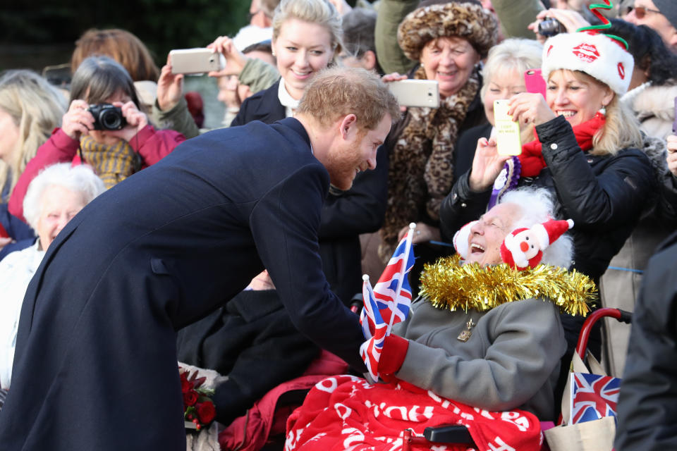 KING'S LYNN, ENGLAND - DECEMBER 25:  Prince Harry meets members of the public as he attends a Christmas Day church service at Sandringham on December 25, 2016 in King's Lynn, England.  (Photo by Chris Jackson/Getty Images)