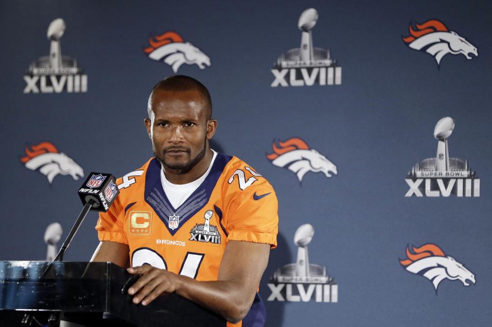 FILE - In this Jan. 29, 2014, file photo, Denver Broncos cornerback Champ Bailey listens to a question during a news conference in Jersey City, N.J. Bailey has agreed to a two-year contract with the New Orleans Saints, Friday, April 4, 2014. The 35-year-old Bailey played the last 10 seasons with Denver after spending his first five in the NFL with Washington. (AP Photo/Mark Humphrey, File)