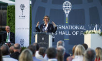 Tennis Hall of Fame inductee Mary Pierce, of France, speaks to the crowd, during ceremonies at the International Tennis Hall of Fame, Saturday, July 20, 2019, in Newport, R.I. (AP Photo/Stew Milne)