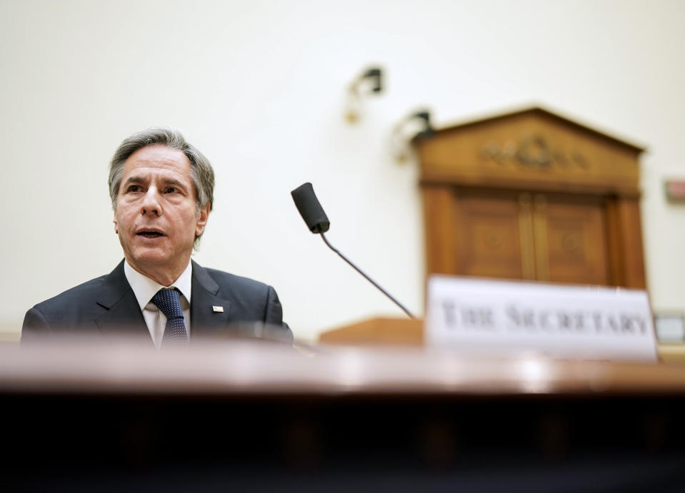 Secretary of State Antony Blinken testifies before the House Committee on Foreign Affairs on the administration foreign policy priorities on Capitol Hill on Wednesday, March 10, 2021, in Washington. (Ken Cedeno/Pool via AP)