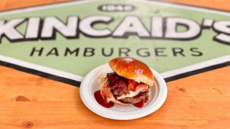 KIncaid’s Hamburgers’ winning entry in the Fort Worth Food + Wine Festival April 6, 2024. It featured bacon and rosemary-orange-black-pepper cream cheese with grape-chili jelly, cayenne and chili flakes.
