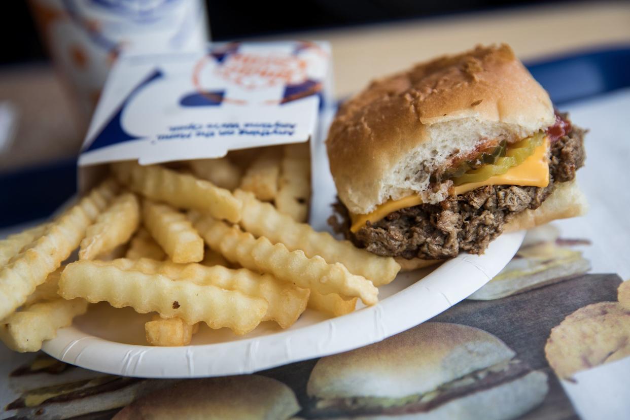 In this photo illustration, a meatless 'Impossible Slider' sits on a table at a White Castle restaurant, April 12, 2018 in the Queens borough of New York City.